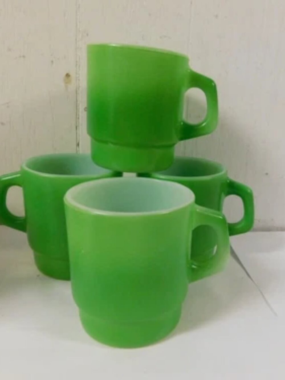 Fire King Suburbia Green Stacking Mugs s/4 USA Made